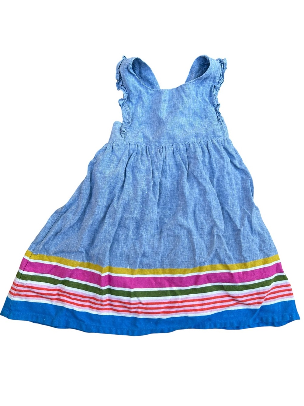 Mini Boden Little Girls Blue Chambray Linen Rainbow Stripe Pinnie Dress 3-4 Year